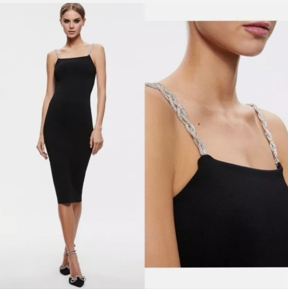 Camila Coelho Black Bodycon Knit Dress with Braided Rhinestone Straps Size XS